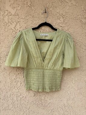 Abercrombie & Fitch Light Green V-Neck Smocked Waist Flutter Sleeve Top